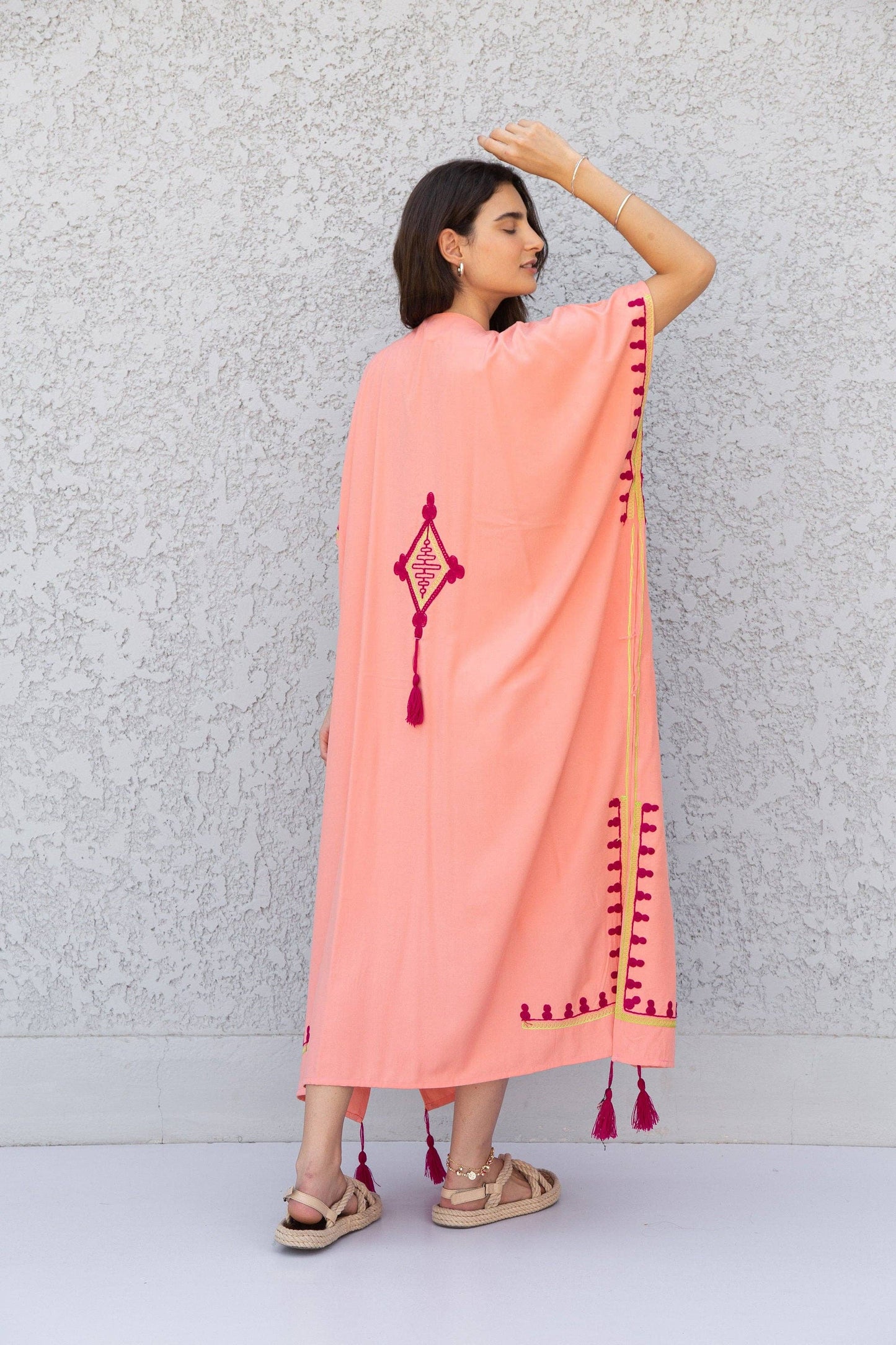 Peach Embroidered Egyptian Cotton Kaftan- One size
