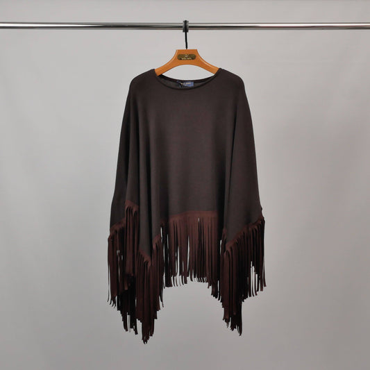 Italian Fringed poncho in fluid knit : Chocolate