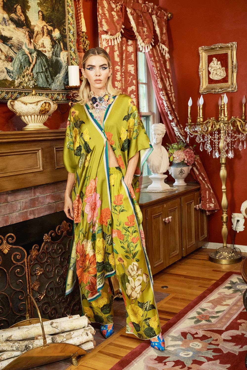 French Riviera Hand-Beaded Kimono / Topper: Olive Floral / One Size