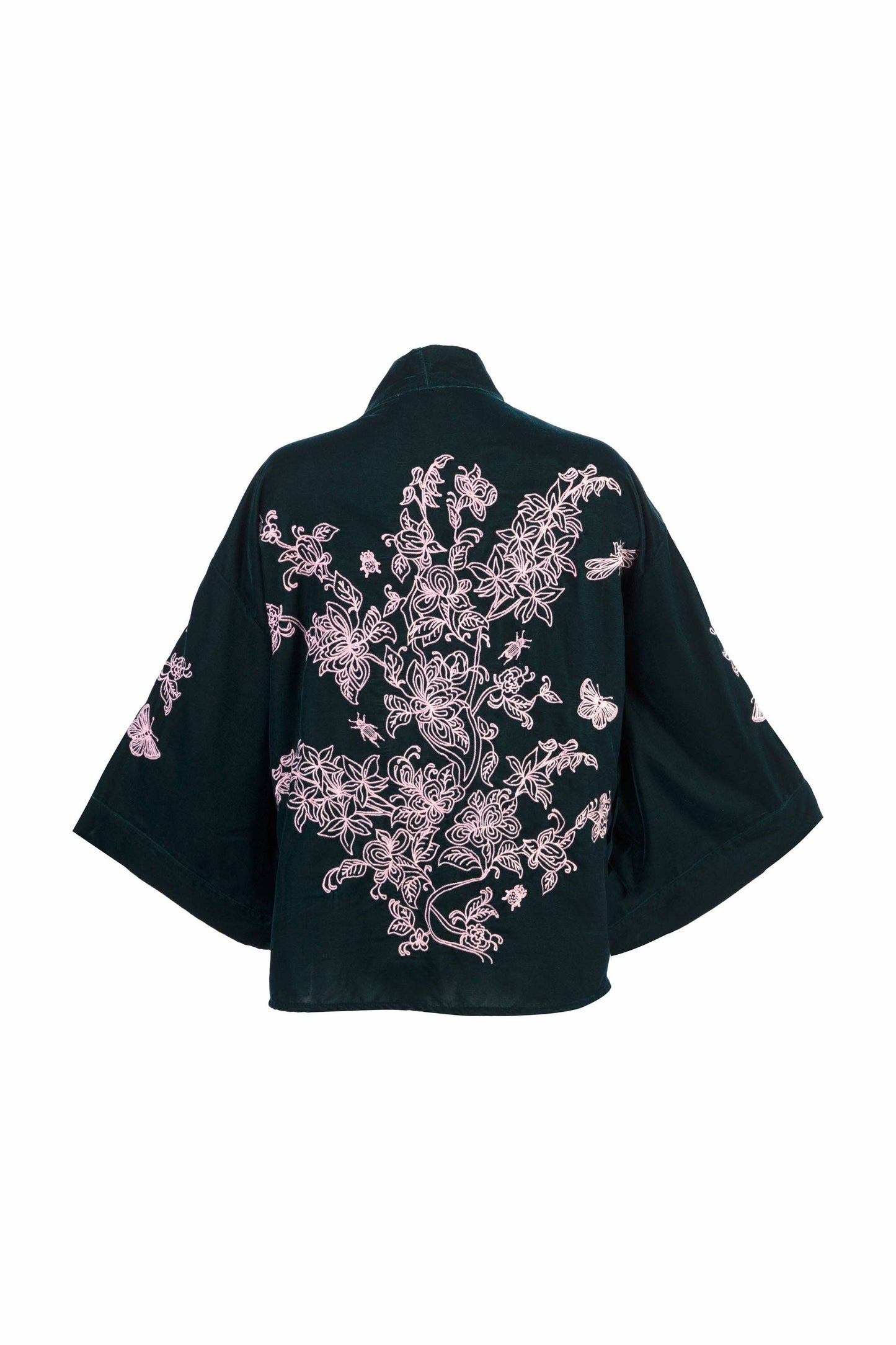 Wild Flowers & Butterflies Teal & Pink Velvet Embroidered Short Kimono: One size