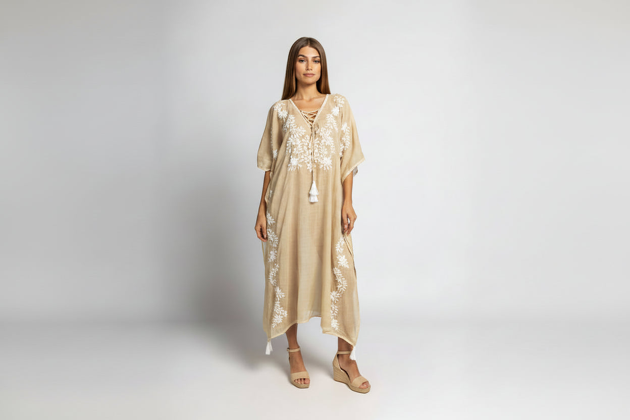 Embroidered Beach Long Kaftan: One Size Fits Most