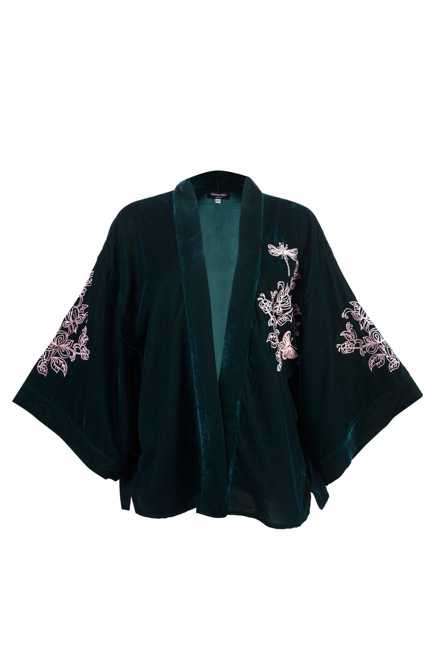 Wild Flowers & Butterflies Teal & Pink Velvet Embroidered Short Kimono: One size