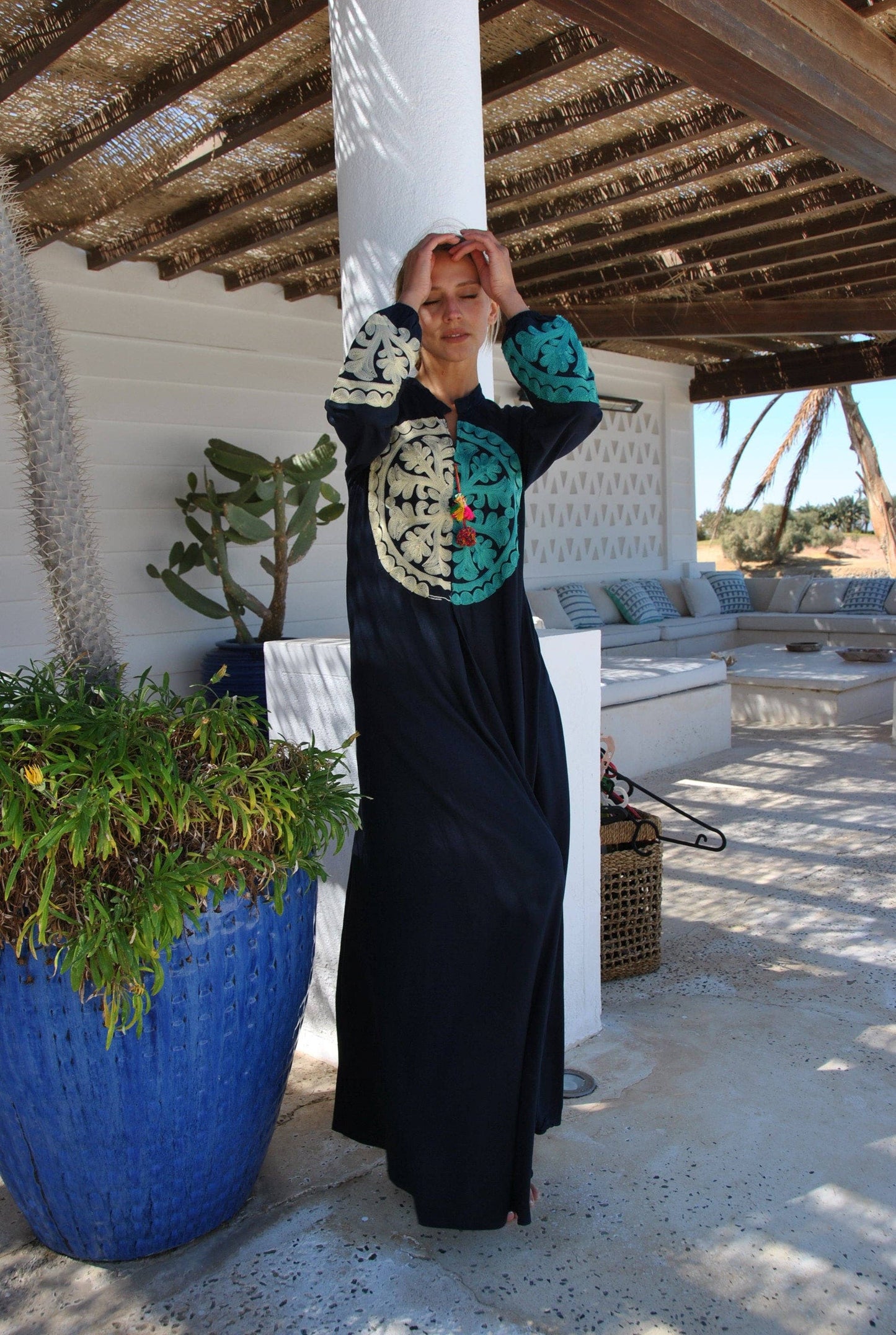 Bohemian Embroidered Navy Blue Cotton Kaftan Dress: Small