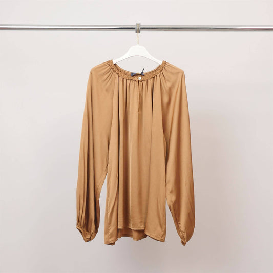 Round neck blouse with decorative neckline: Camel- One size fits M to L