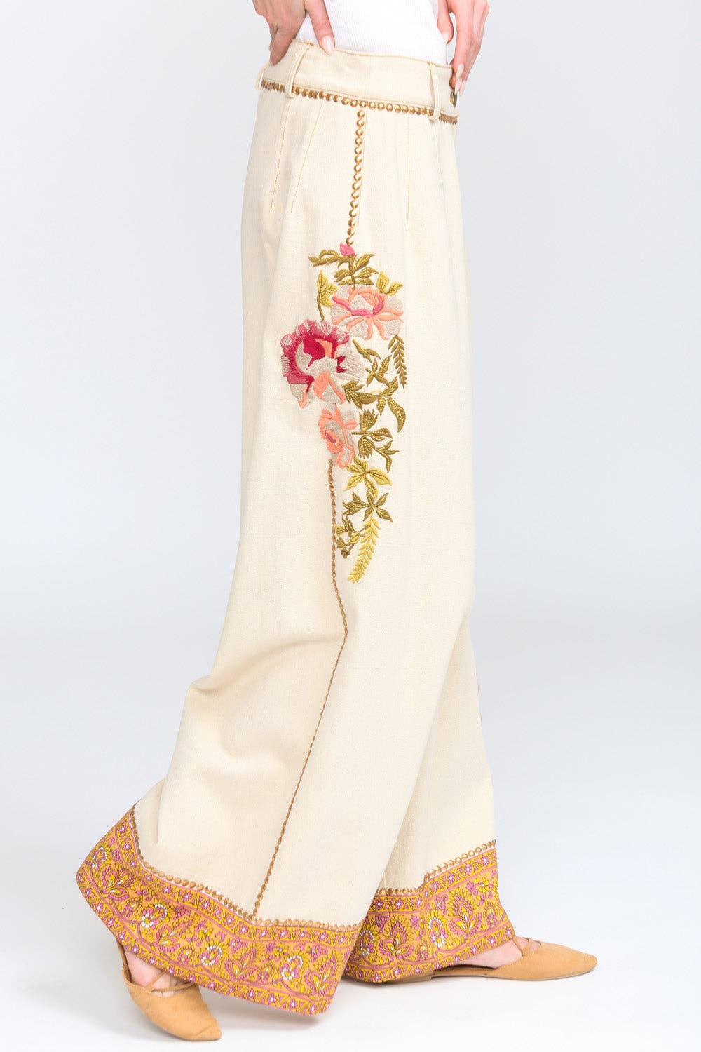 Time To Shine Denim Pants | Wide Leg Pants | Floral Pants: Cream / Small