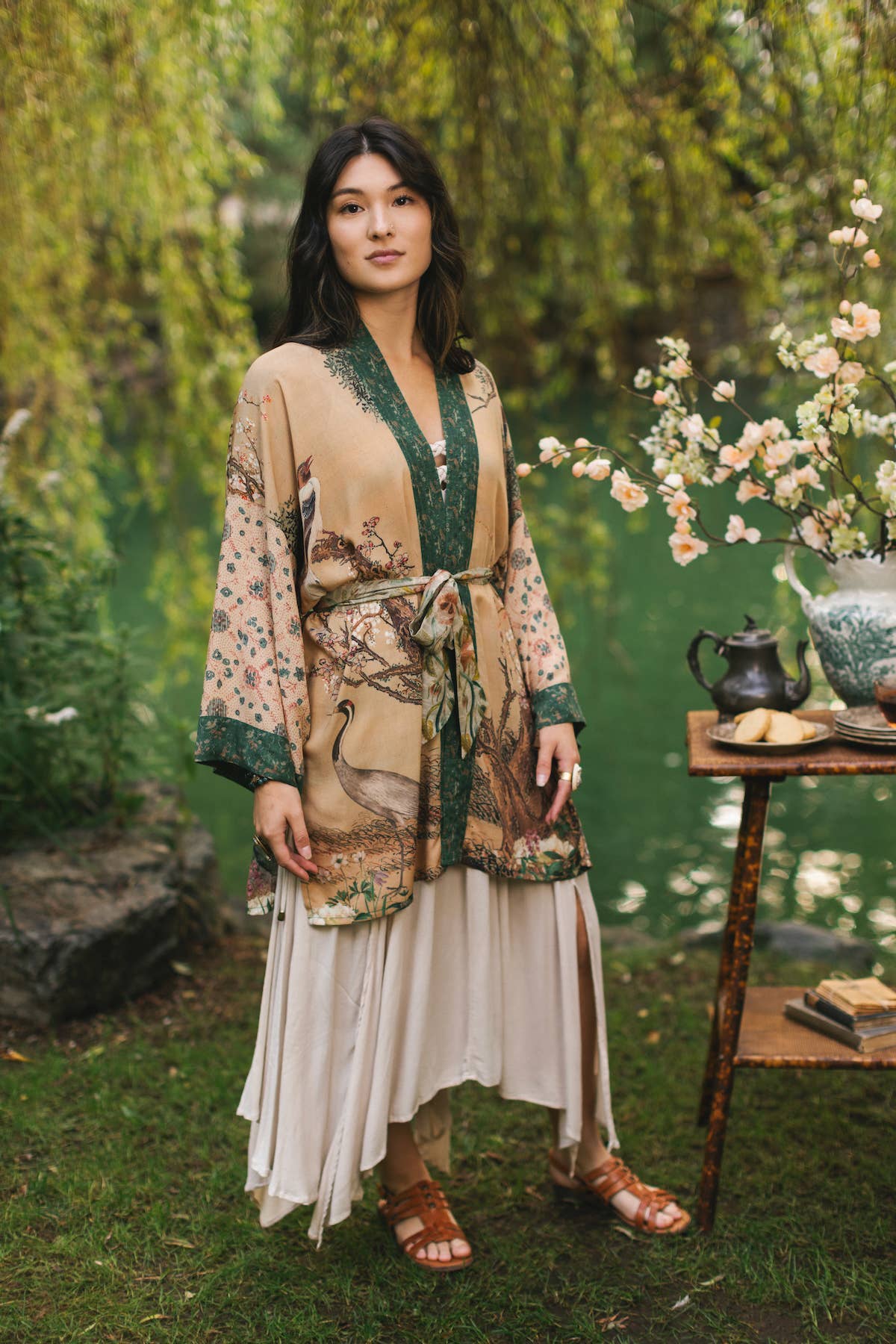 Fable Matinée Duster Kimono w/Blossoms, mid-length