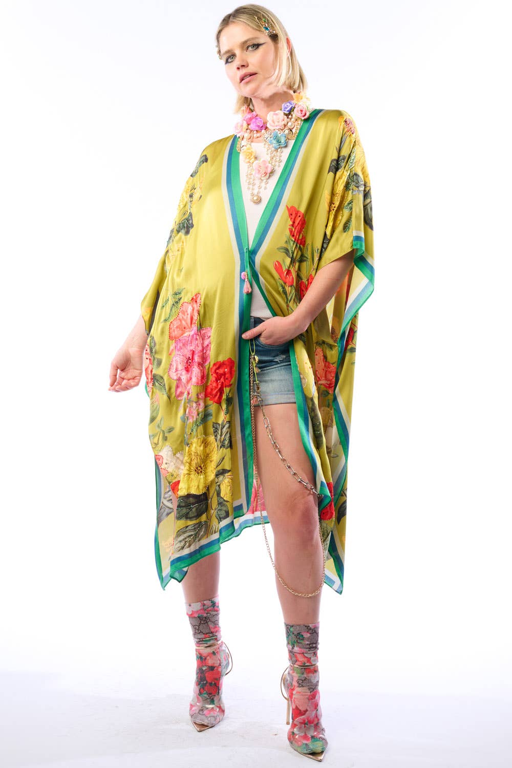 French Riviera Hand-Beaded Kimono / Topper: Olive Floral / One Size