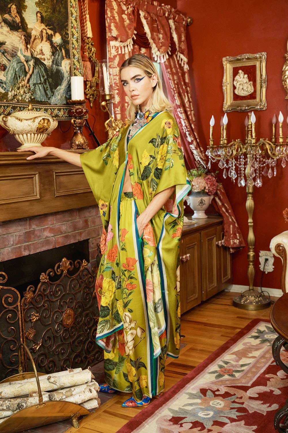 French Riviera Hand-Beaded Kimono / Topper: Olive Floral / One Size