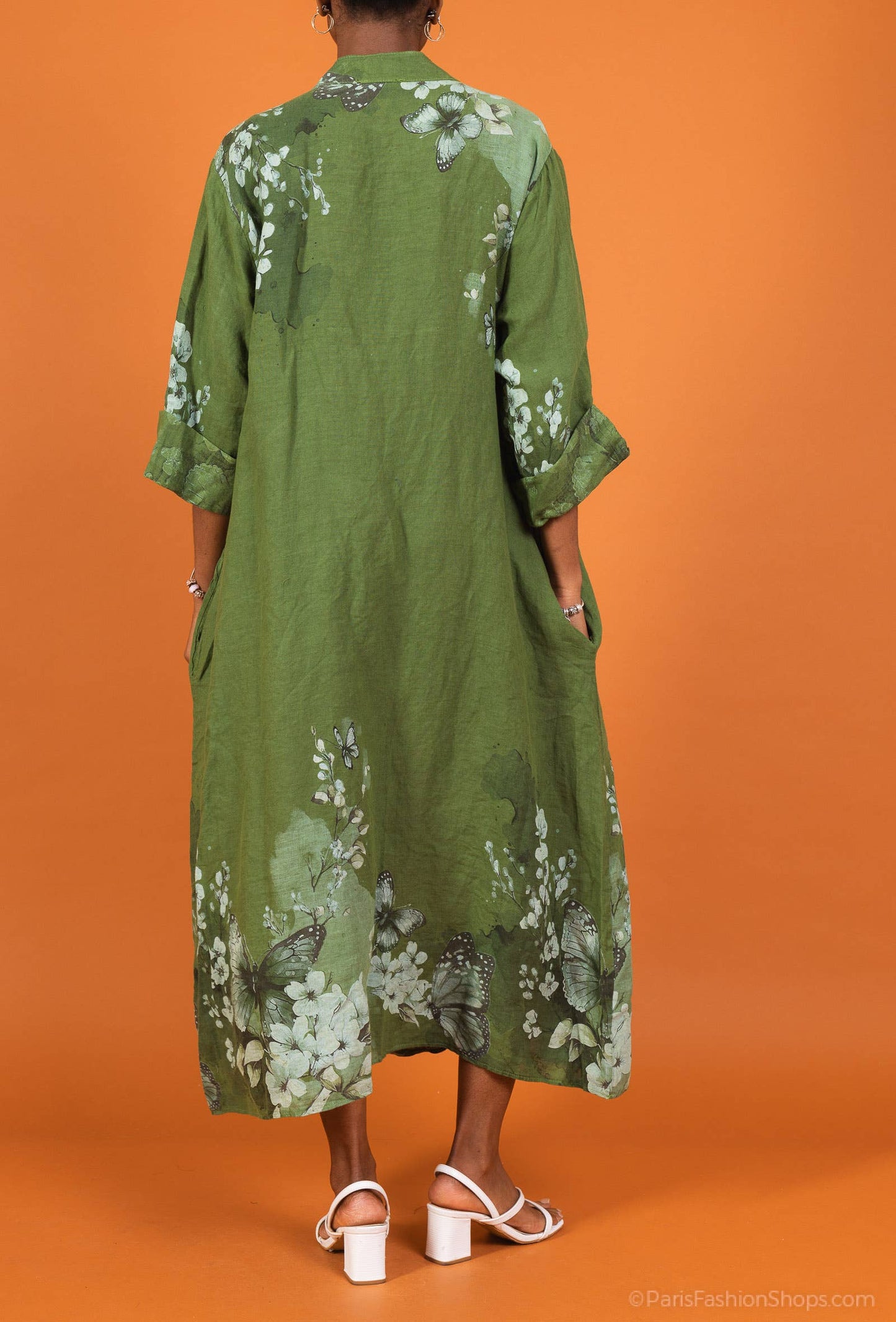 Floral linen dress: 100% linen / Olive / One size fits M to L