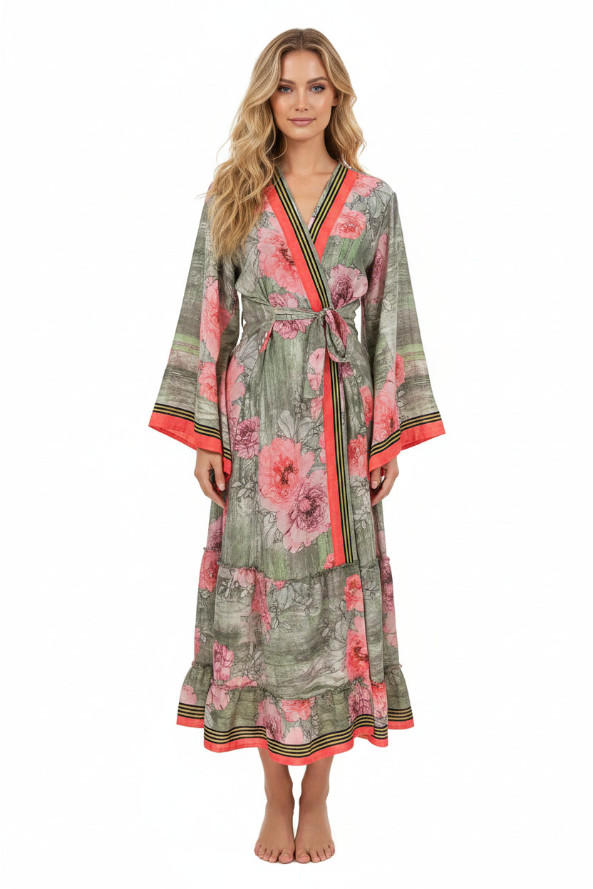Recycle Silk Kimono Flowy Gown House Robe Boho Beach Coverup