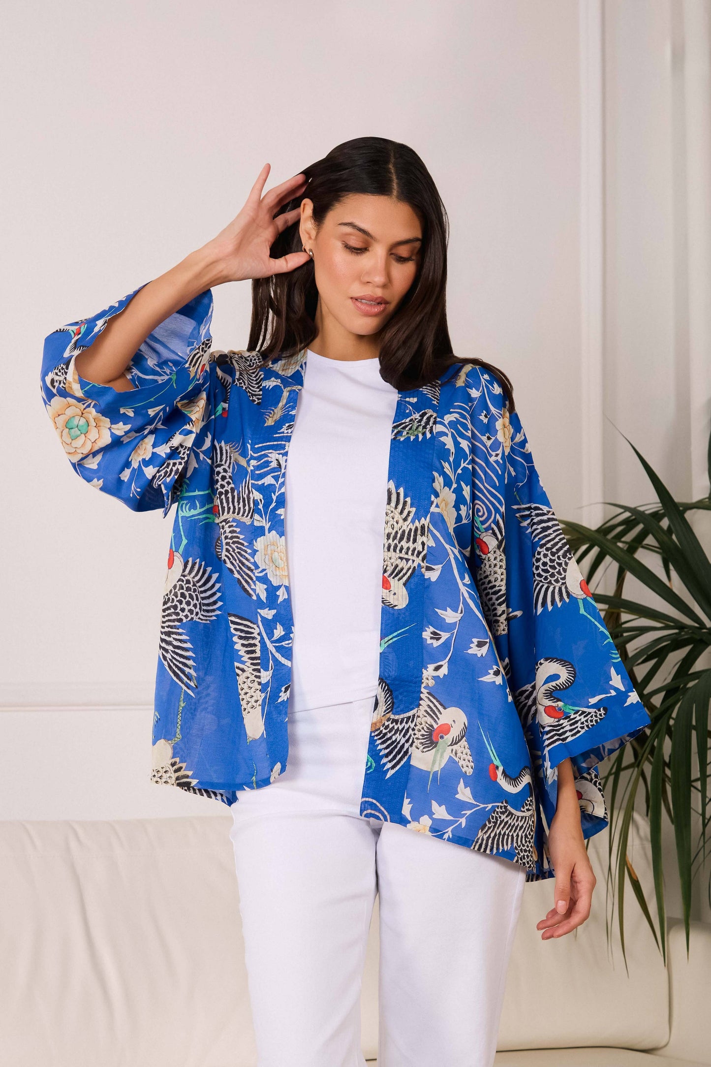 Electric Blue Dynastic Bird Print Light Weight Kimono: One size