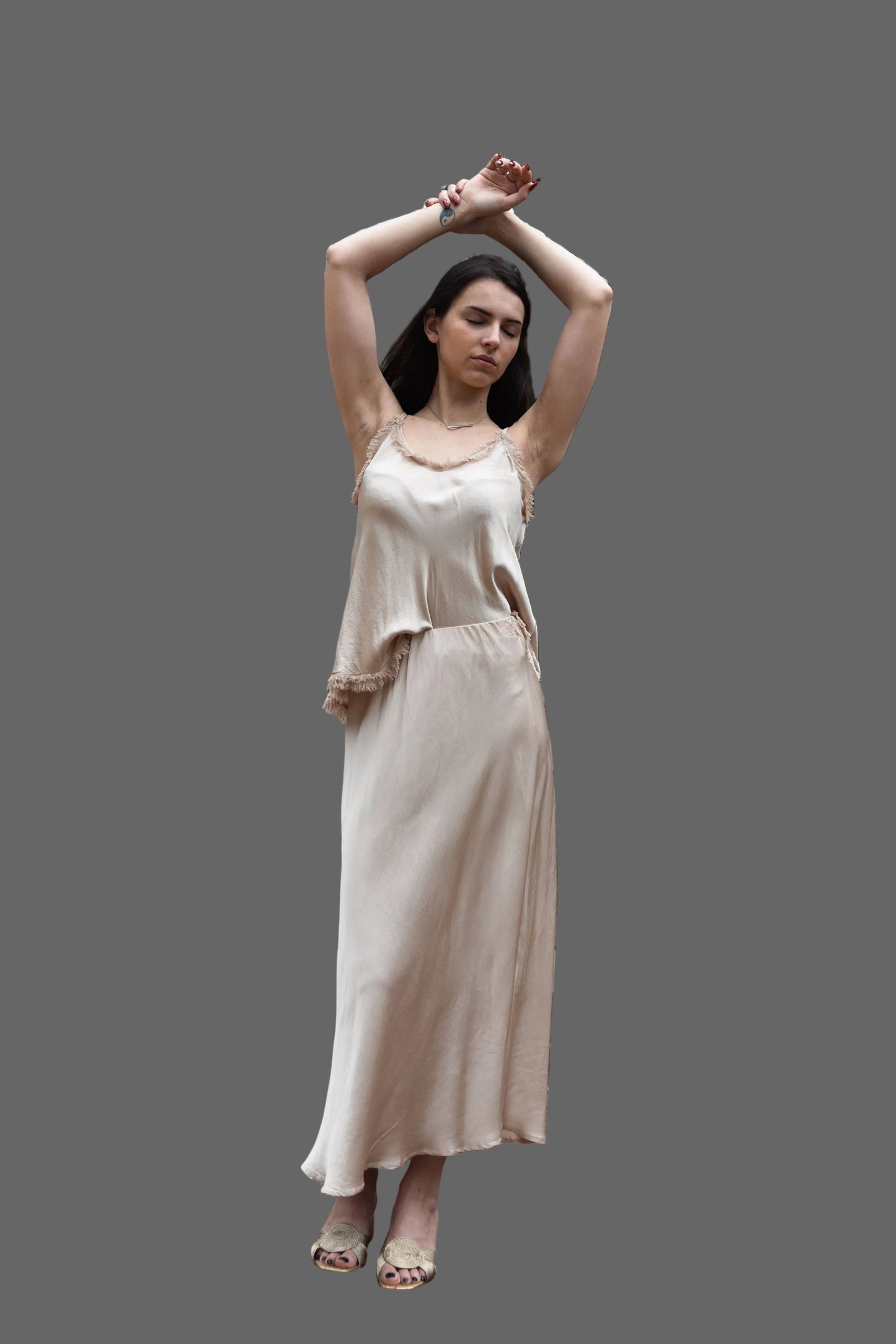 Satin midi skirt in Taupe- One size fits 10 to 12