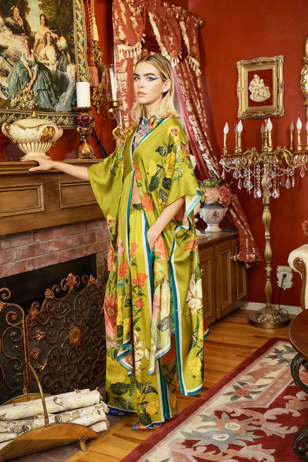 French Riviera Hand-Beaded Kimono / Topper: Olive Floral / One Size
