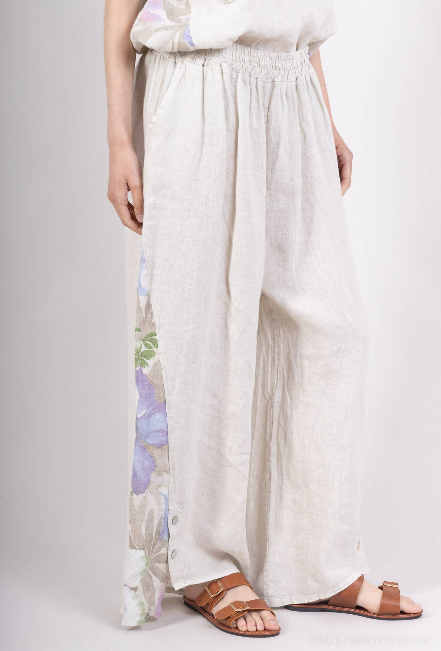 Pants with floral side panel- 100% linen / Beige / One size fits 14 to 16