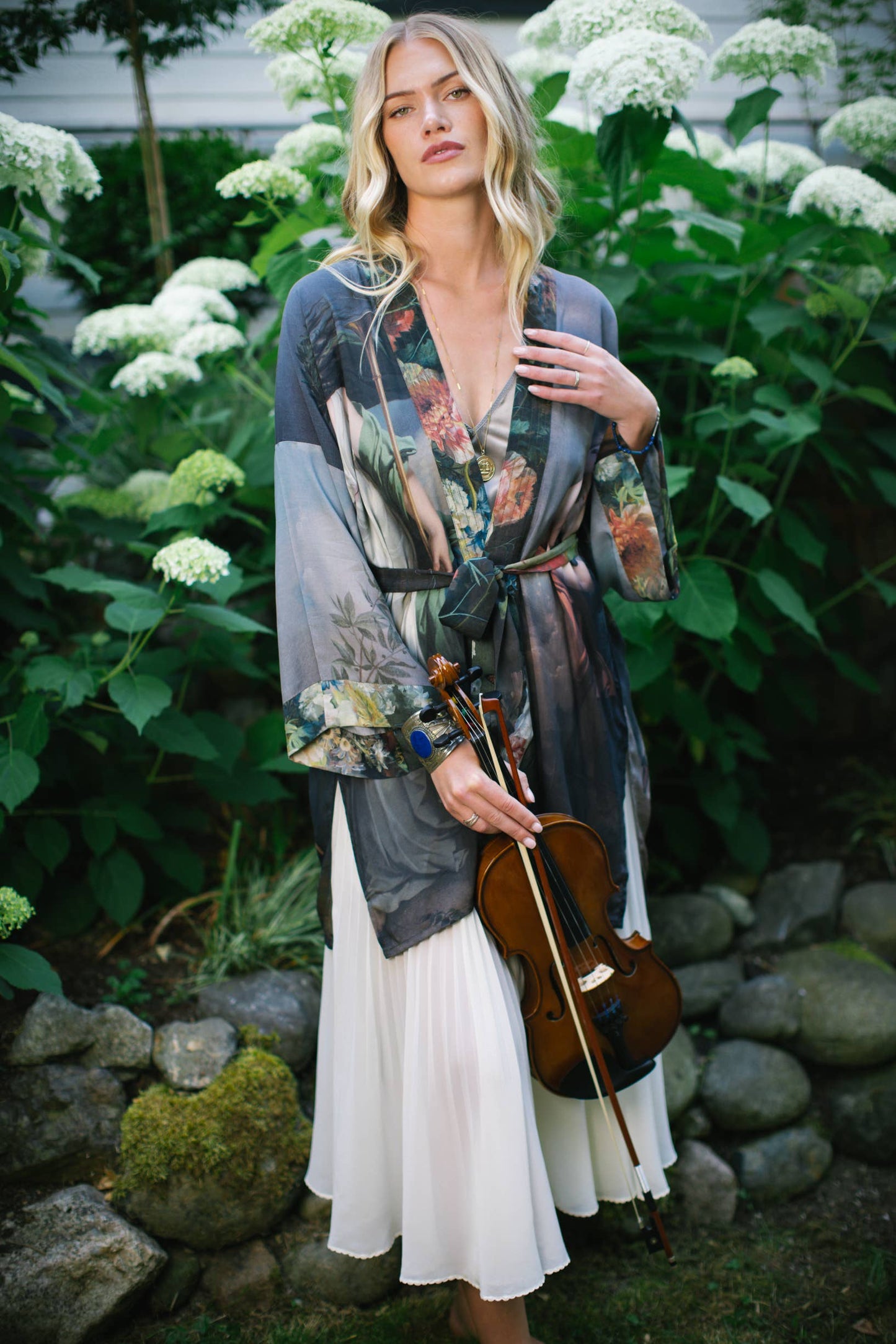 Reverie Matinée Duster Bamboo Kimono w/ Muses, mid-length