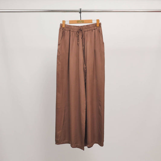 Wide fluid pants with elastic waistband- Chocolate