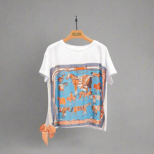 Equestrian print T-shirt with knotted scarf- Made in Italy- Size 10 to 12