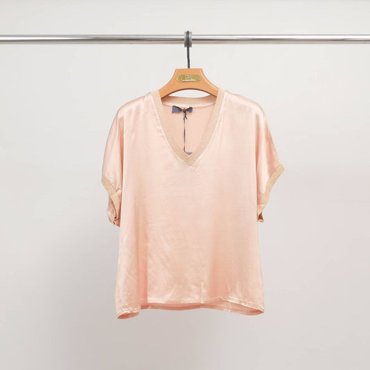 Satin V-neck tunic with shiny ribbed trim : Pink- Size S