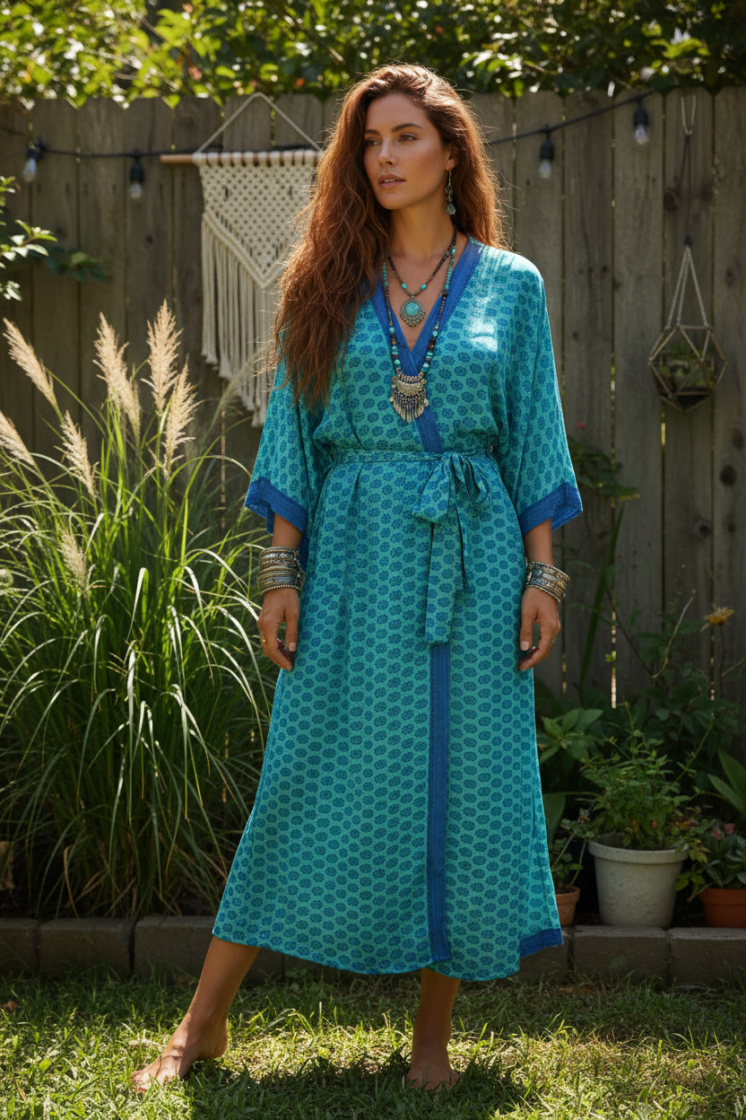 Boho Kimono Recycle Silk Beach Coverup - One Size
