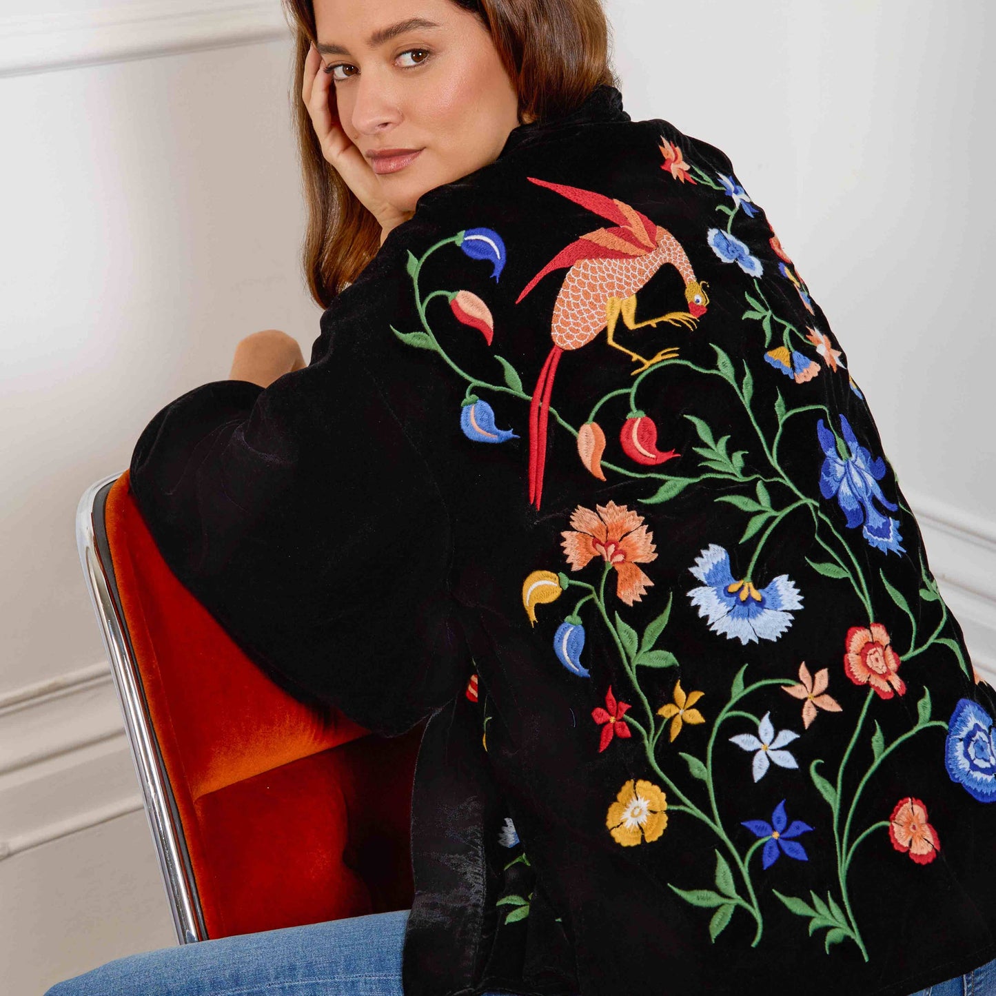 Regal Floral & Bird Embroidery Velvet Luxury Kimono: One size