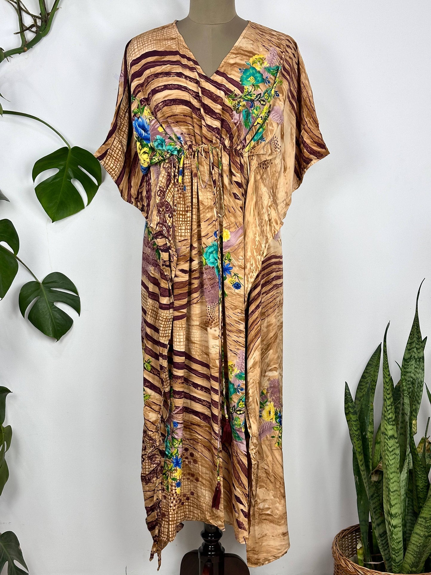 Women Recycle Silk Kaftan Dress, Boho Resort Beach Caftan