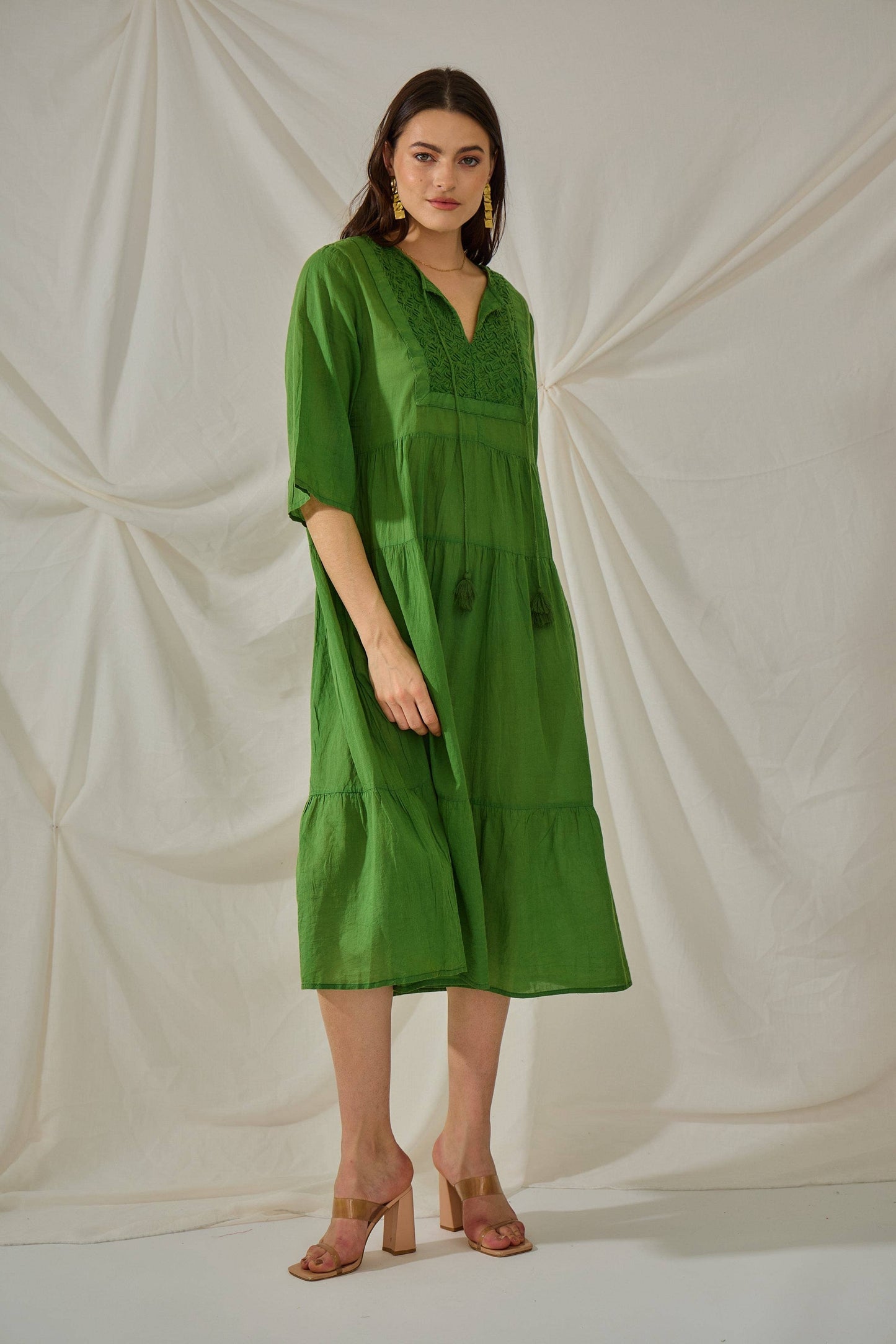 Bohemian plain cotton mid-length dress -One size