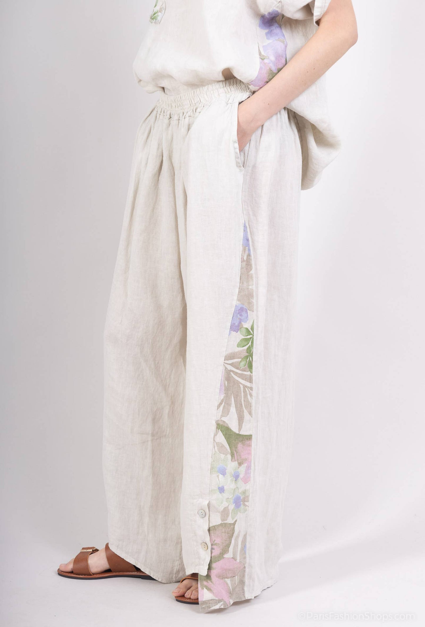Pants with floral side panel- 100% linen / Beige / One size fits 14 to 16