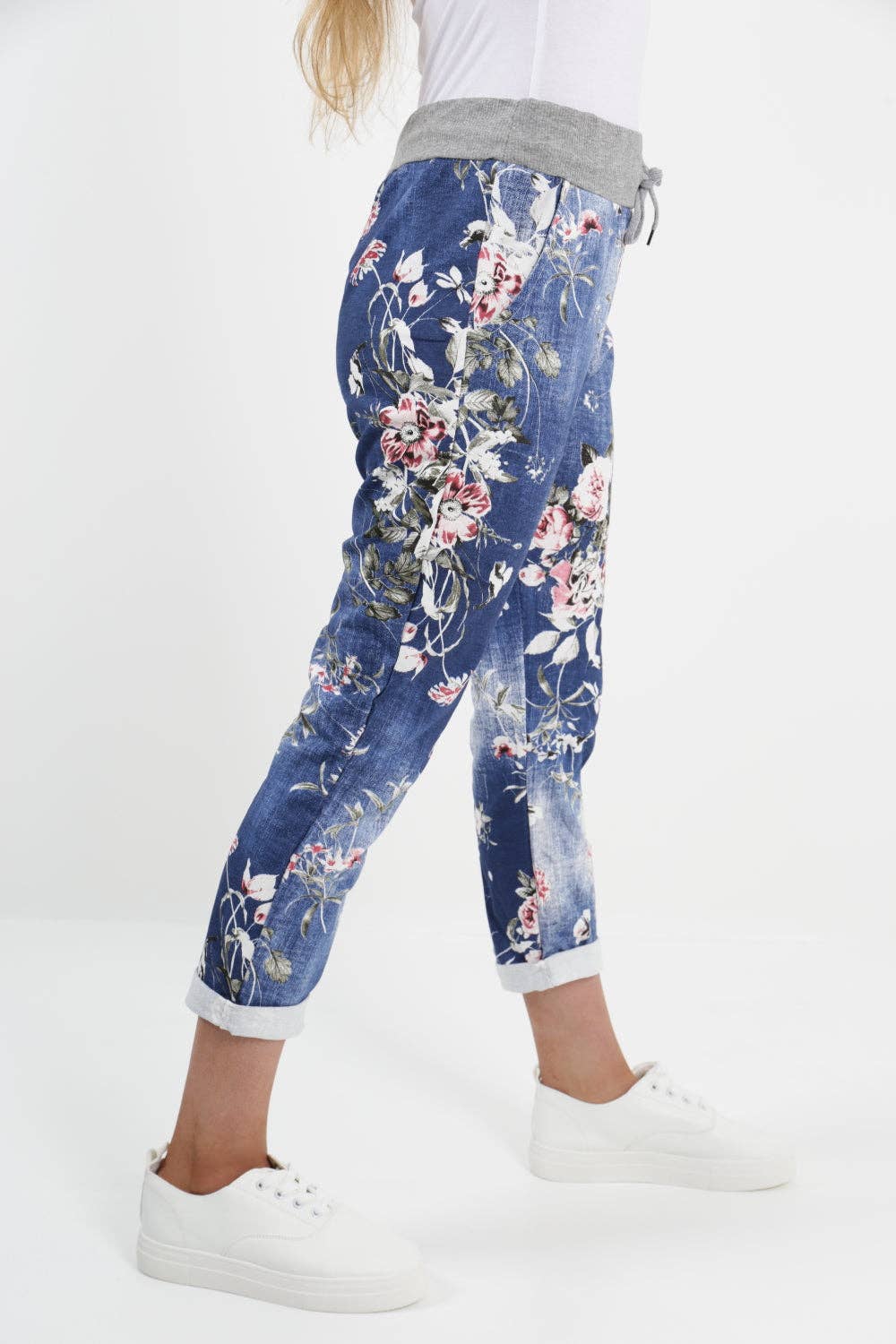 Italian  Floral Cotton Stretch Jean/Jogger: Dark Wash / One Size ( 12-14)