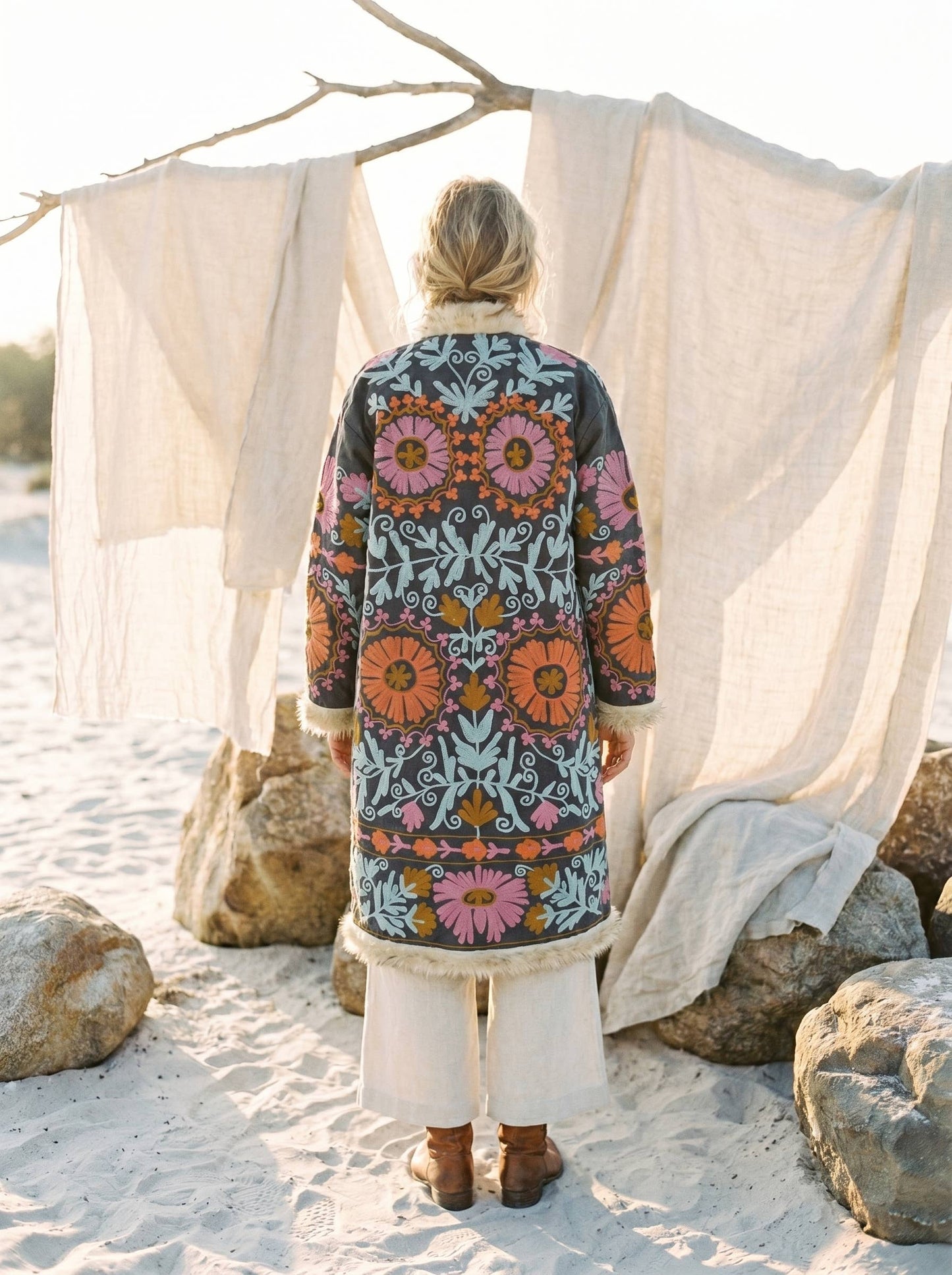 Embroidered LongCoat Velvet Faux-Fur Trim 70s Style