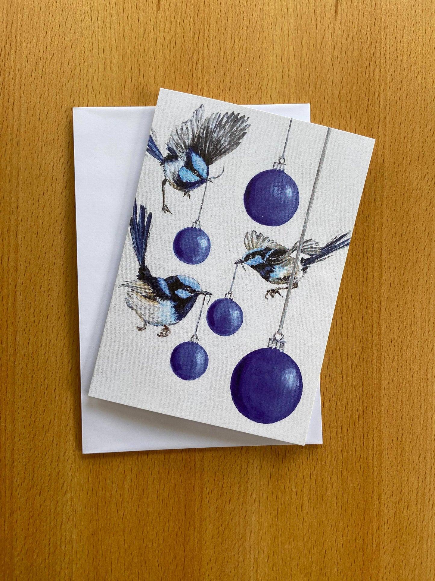 Blue Baubles & Fairy Wrens Christmas Card