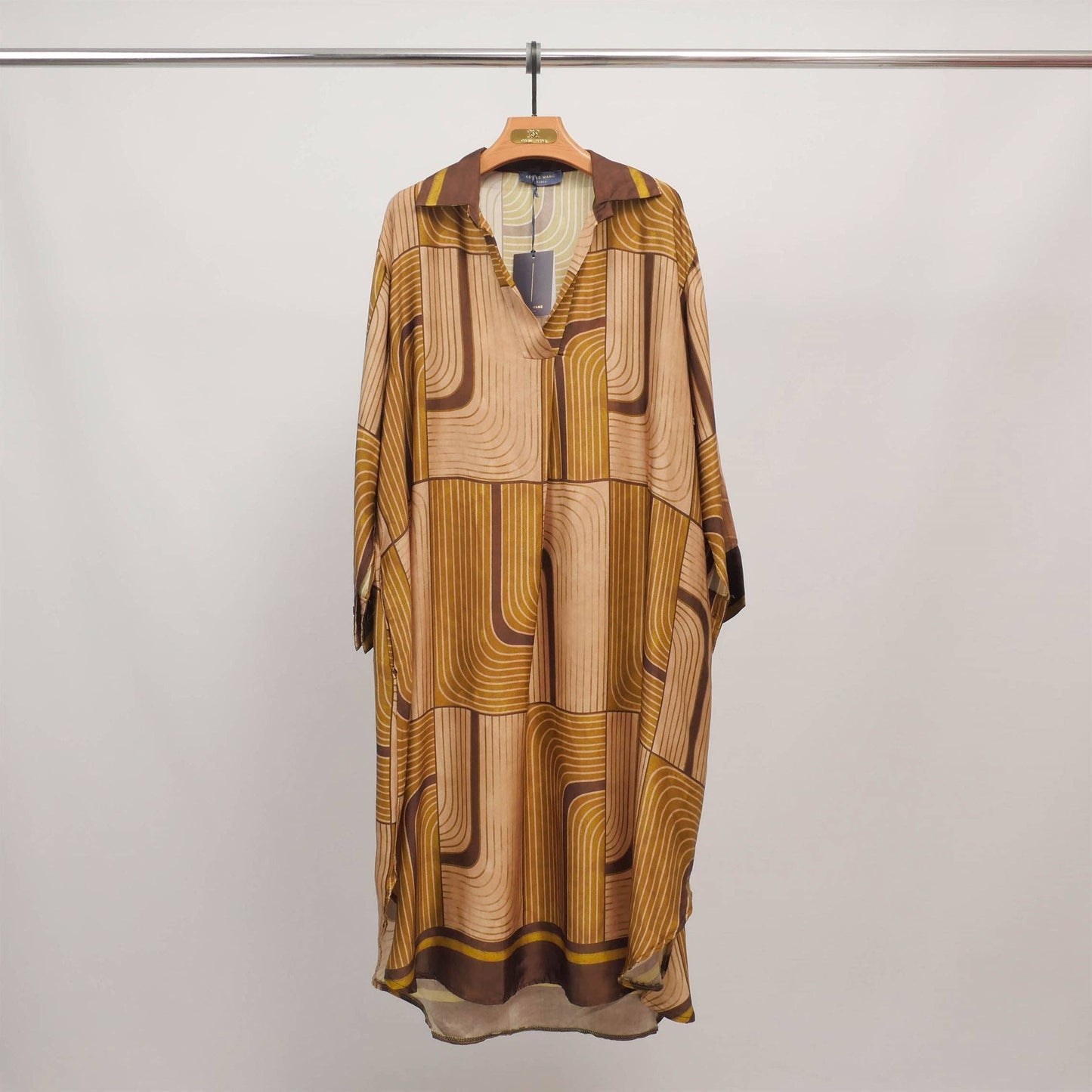 Loose fitting gold and brown print dress- size M to L