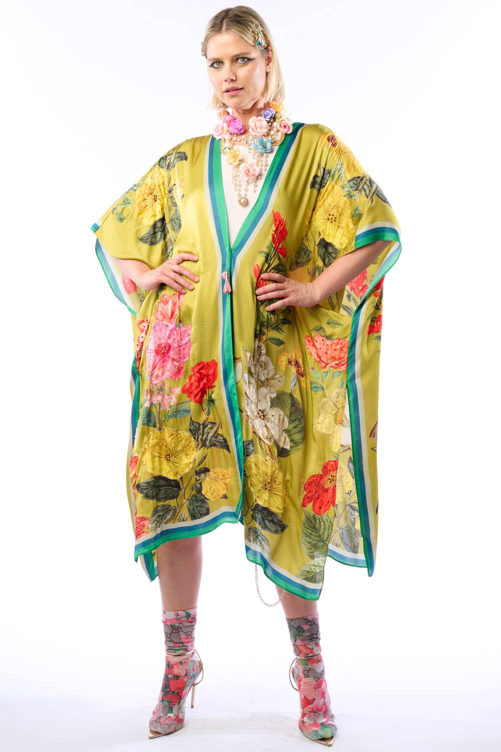 French Riviera Hand-Beaded Kimono / Topper: Olive Floral / One Size