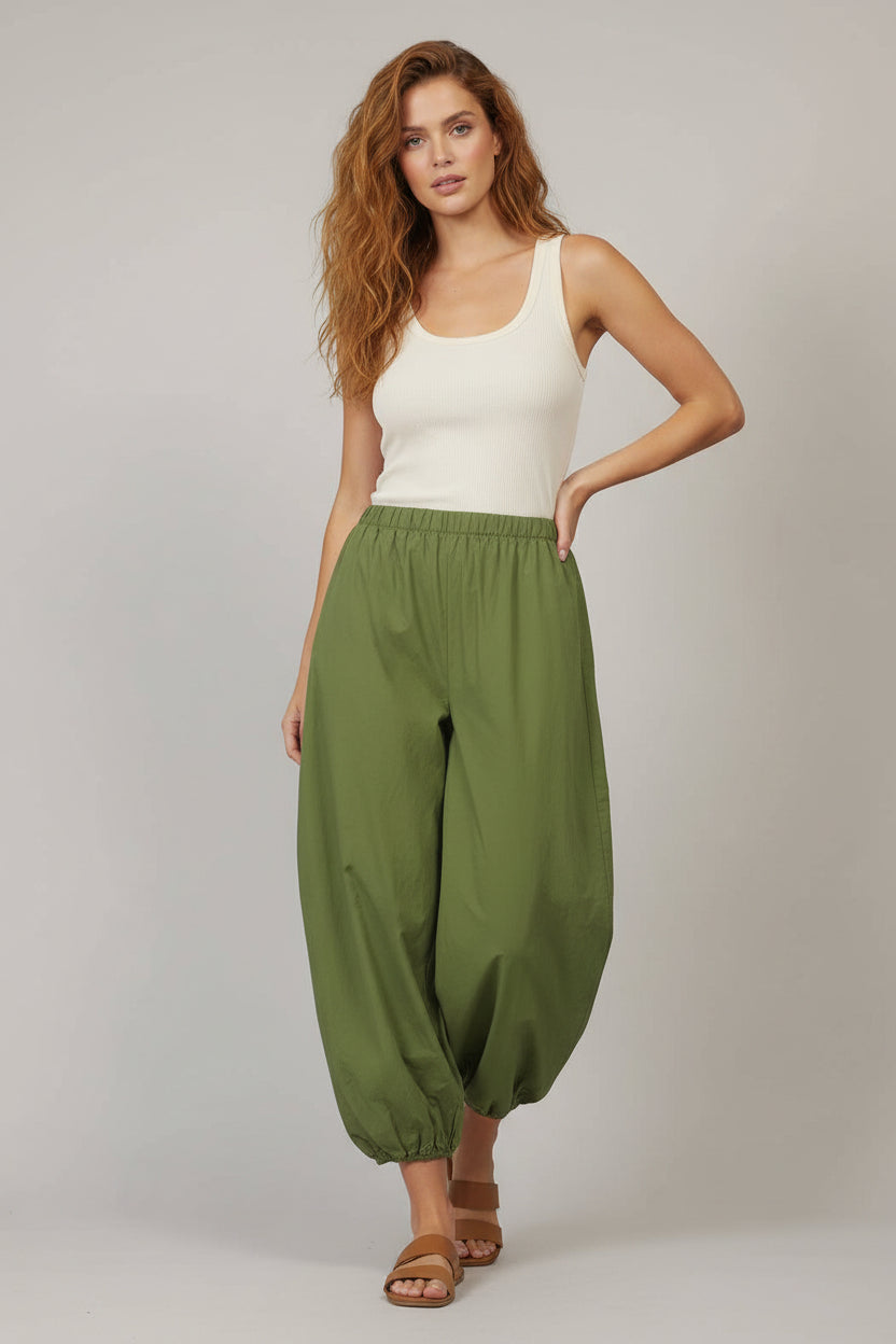 Balloon cotton trousers in Olive- One Size