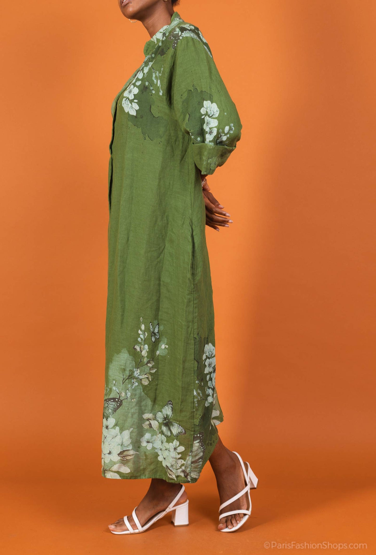 Floral linen dress: 100% linen / Olive / One size fits M to L