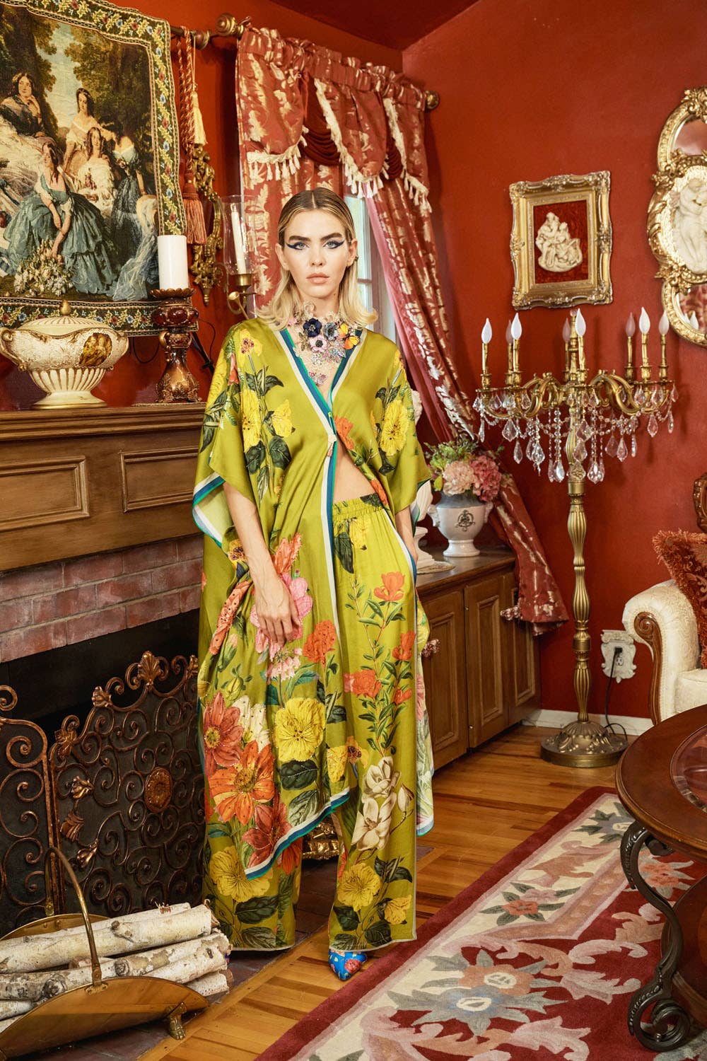 French Riviera Hand-Beaded Kimono / Topper: Olive Floral / One Size