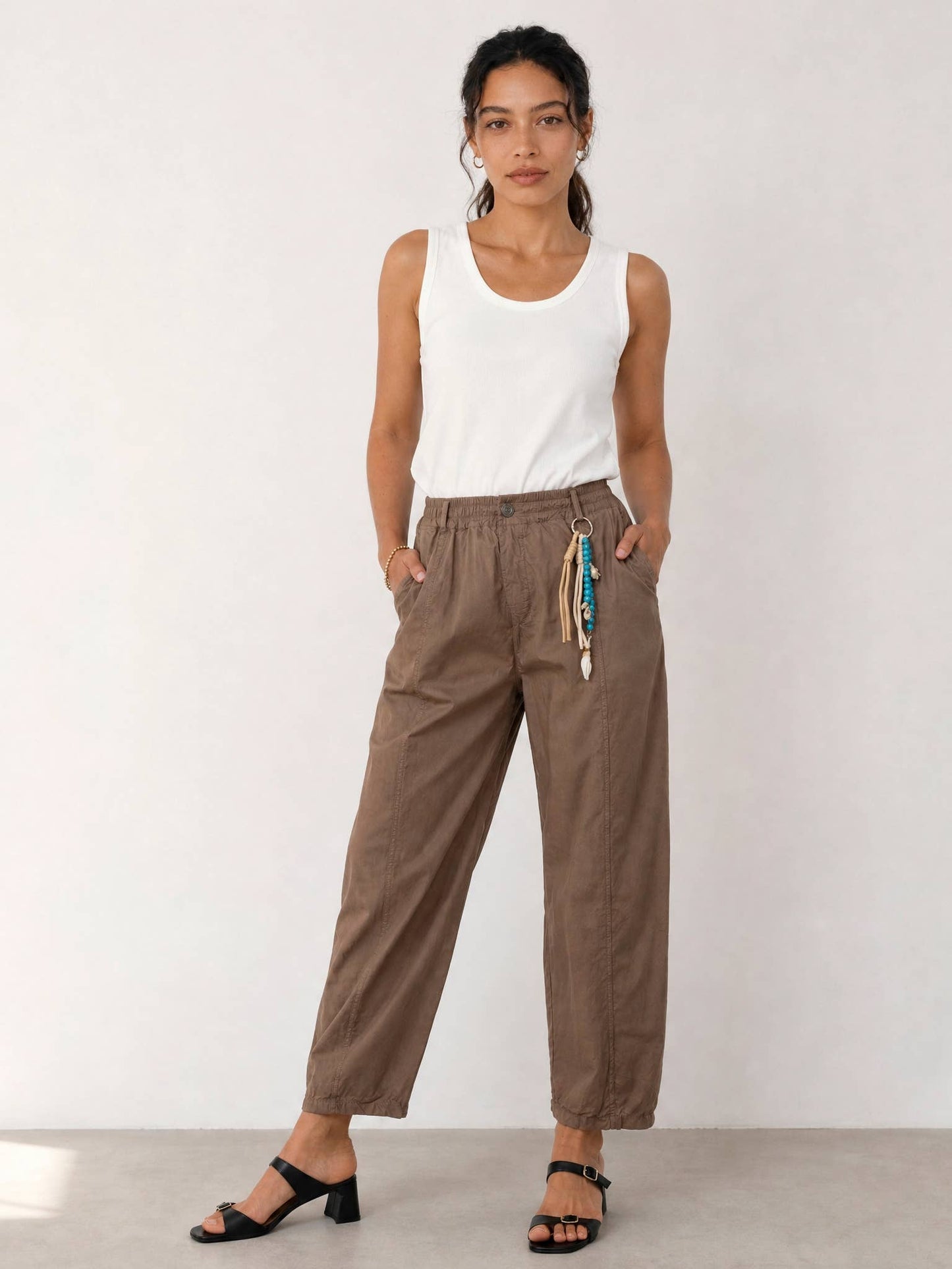 Elastic-waist cotton pants : Marron