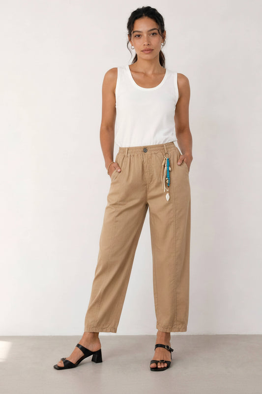 Elastic-waist cotton pants : Brown