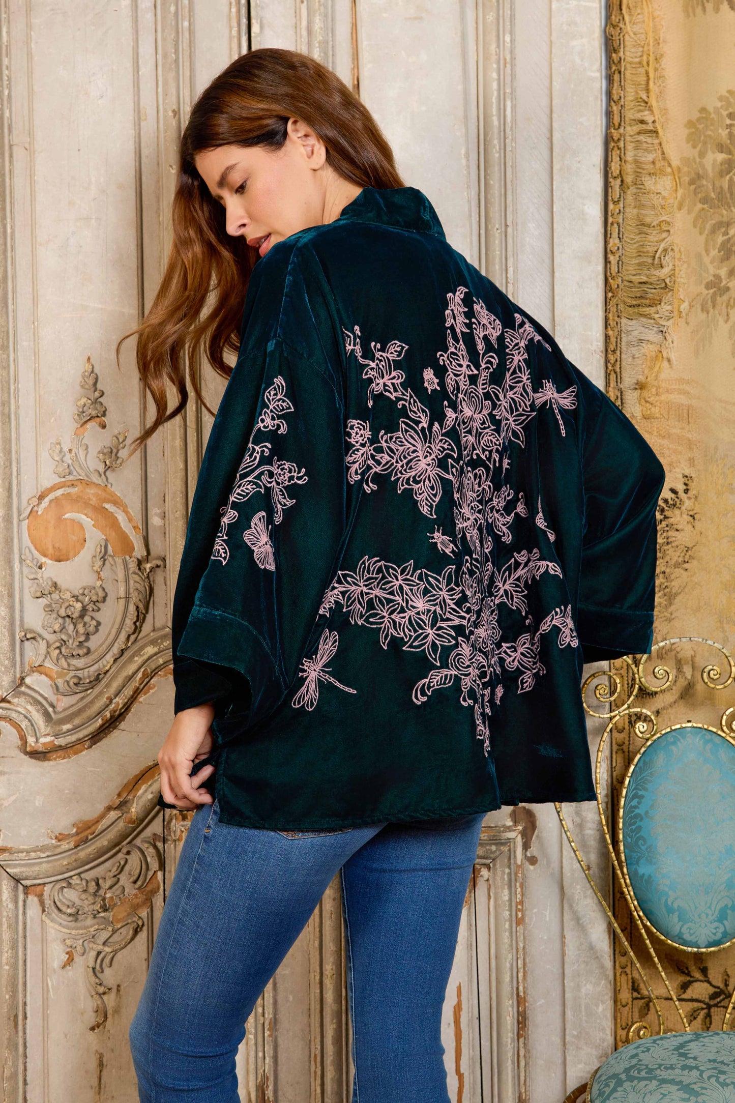 Wild Flowers & Butterflies Teal & Pink Velvet Embroidered Short Kimono: One size
