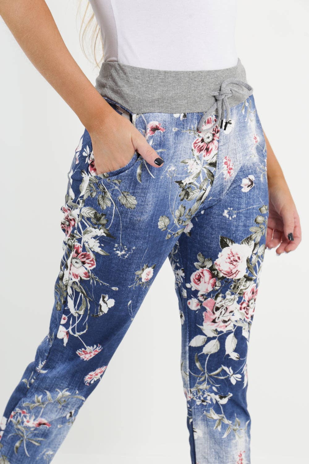 Italian  Floral Cotton Stretch Jean/Jogger: Dark Wash / One Size ( 12-14)