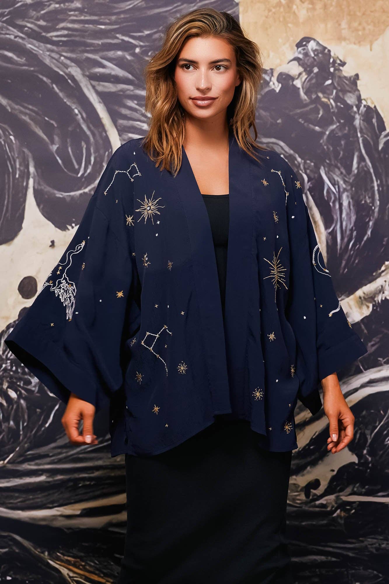 Cosmos Embroidered Navy Blue, Ivory and Gold Fully Lined Short Kimono: One Size
