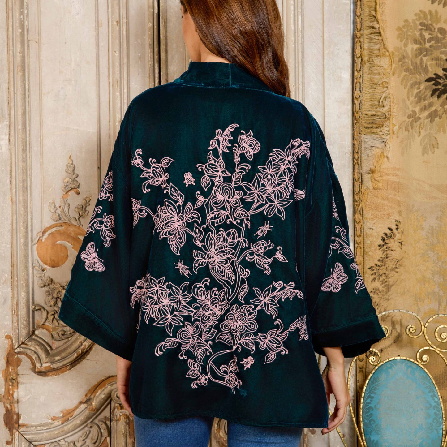 Wild Flowers & Butterflies Teal & Pink Velvet Embroidered Short Kimono: One size