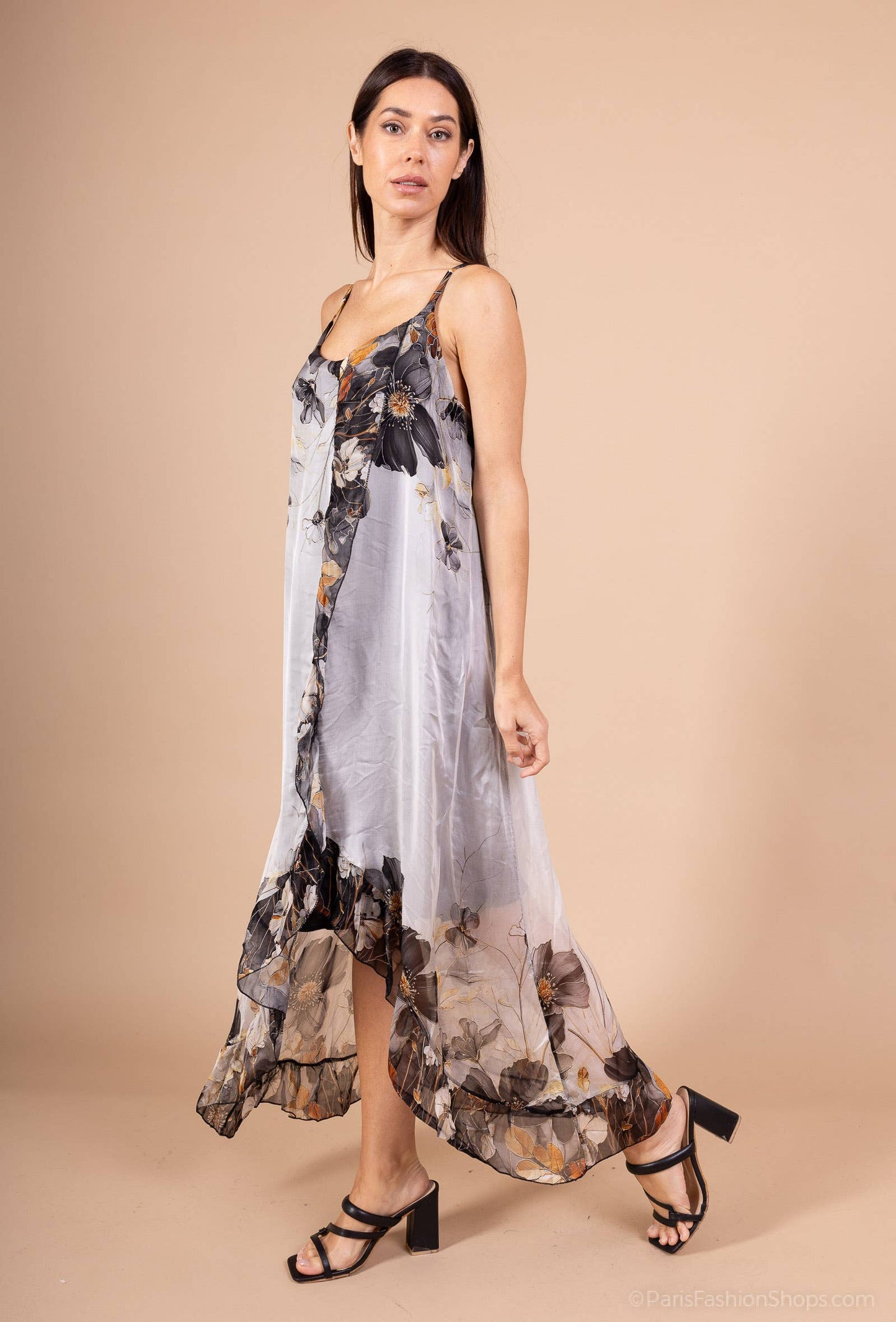 Floral ruffled silk viscose dress - fits S to M