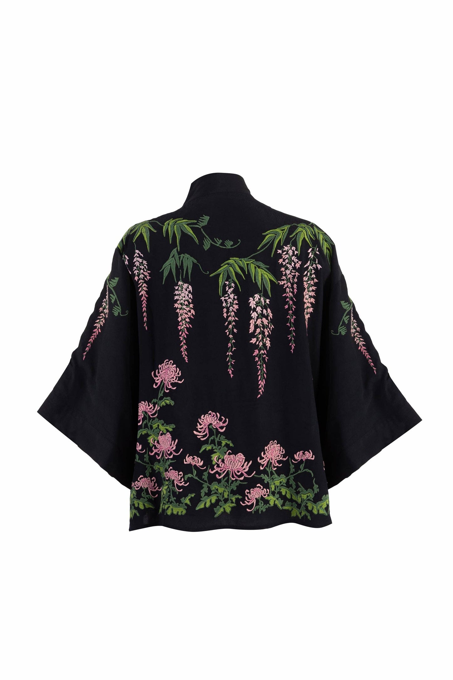 Wisteria & Chrysanthemum Embroidered Black & Pink Fully Lined Short Kimono: One Size