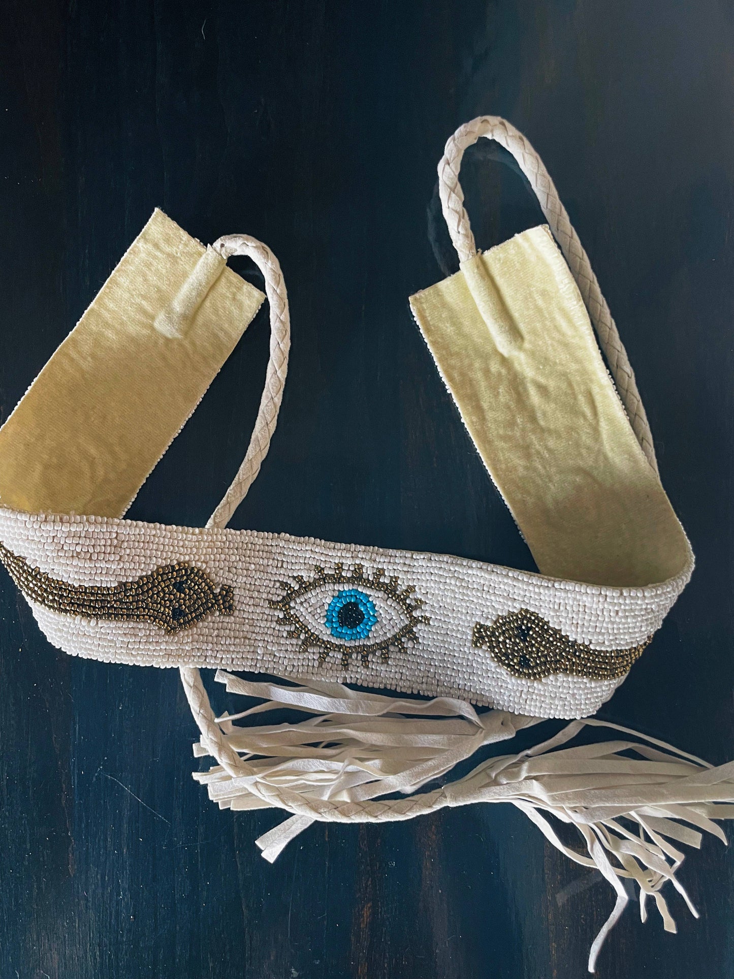 Hand beaded evil eye n snake Hat Band or belt (White)