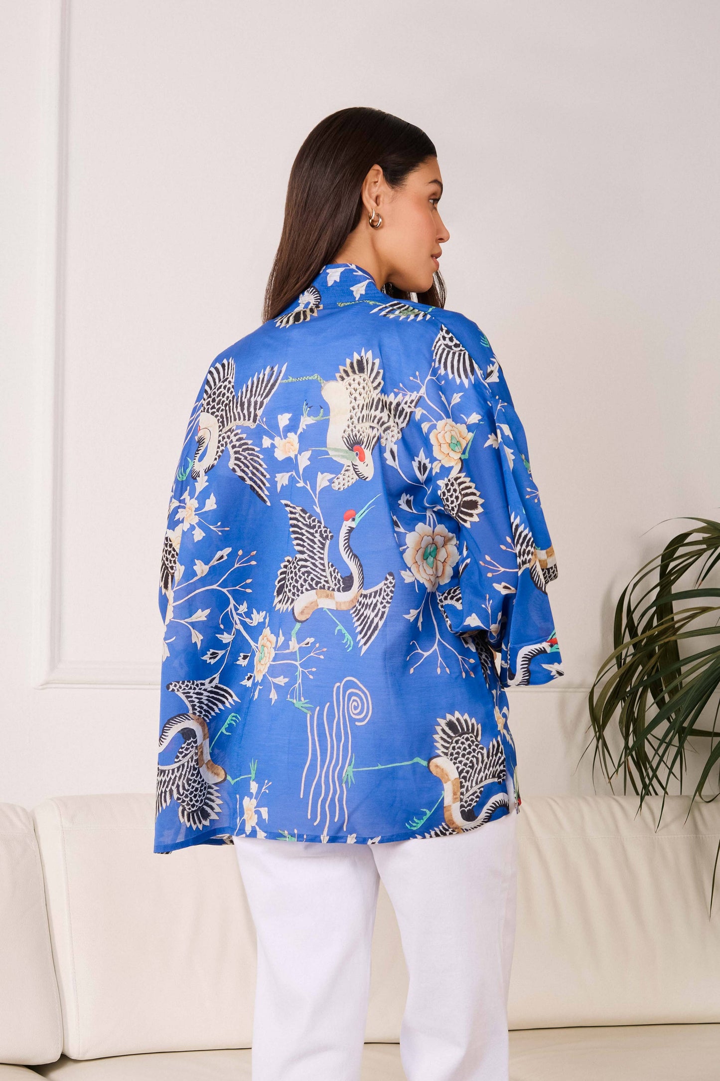 Electric Blue Dynastic Bird Print Light Weight Kimono: One size