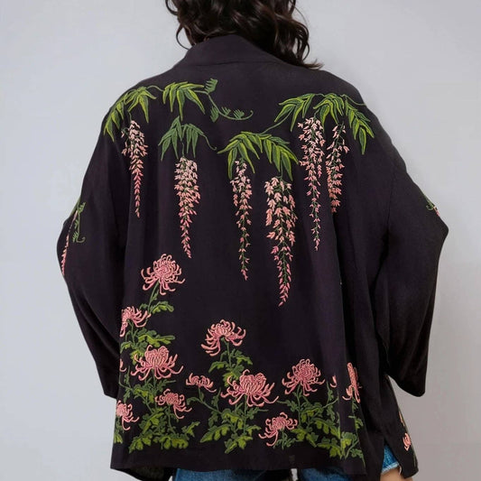 Wisteria & Chrysanthemum Embroidered Black & Pink Fully Lined Short Kimono: One Size