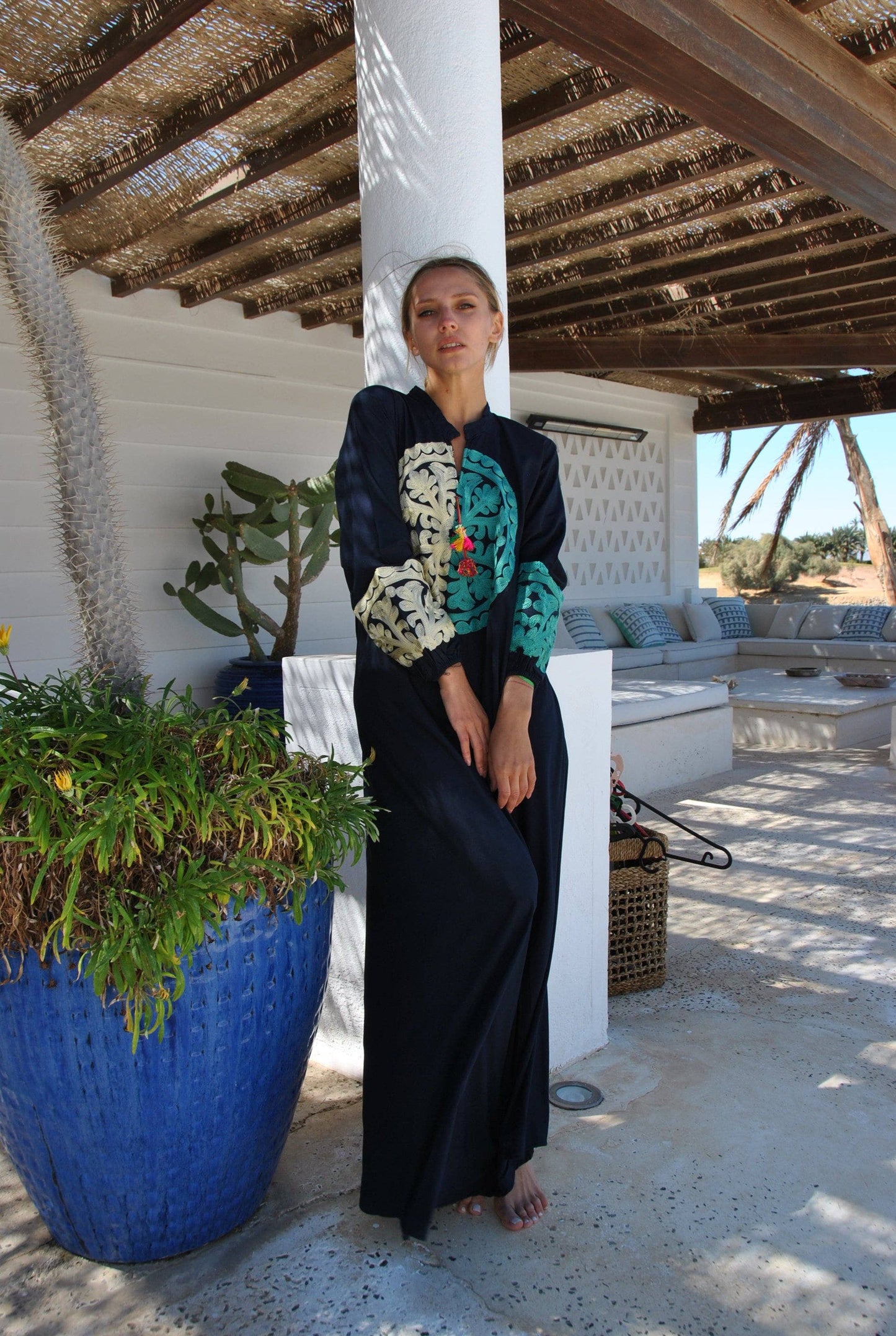 Bohemian Embroidered Navy Blue Cotton Kaftan Dress: Small