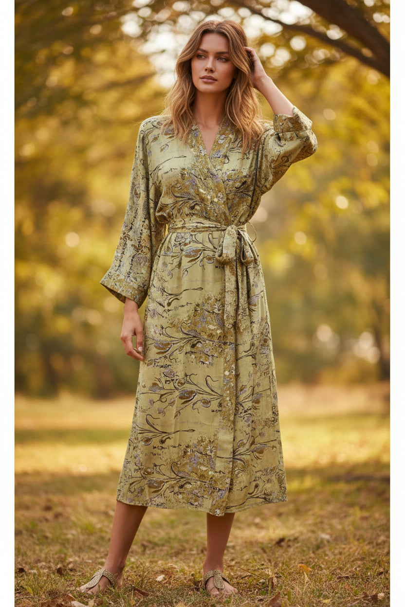Recycle Silk Women Kimono Boho Robe Beach Spa Cover up