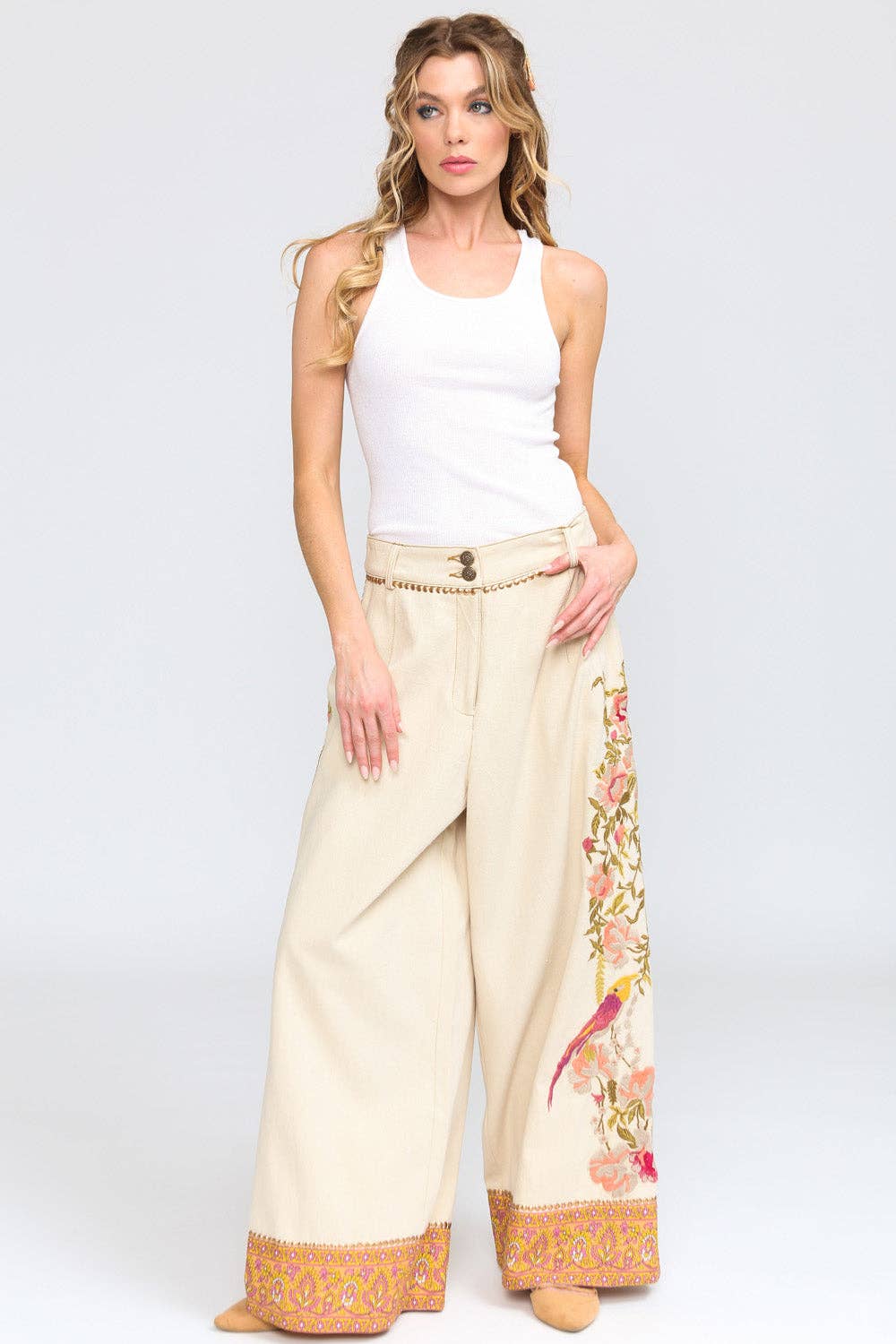 Time To Shine Denim Pants | Wide Leg Pants | Floral Pants: Cream / Small