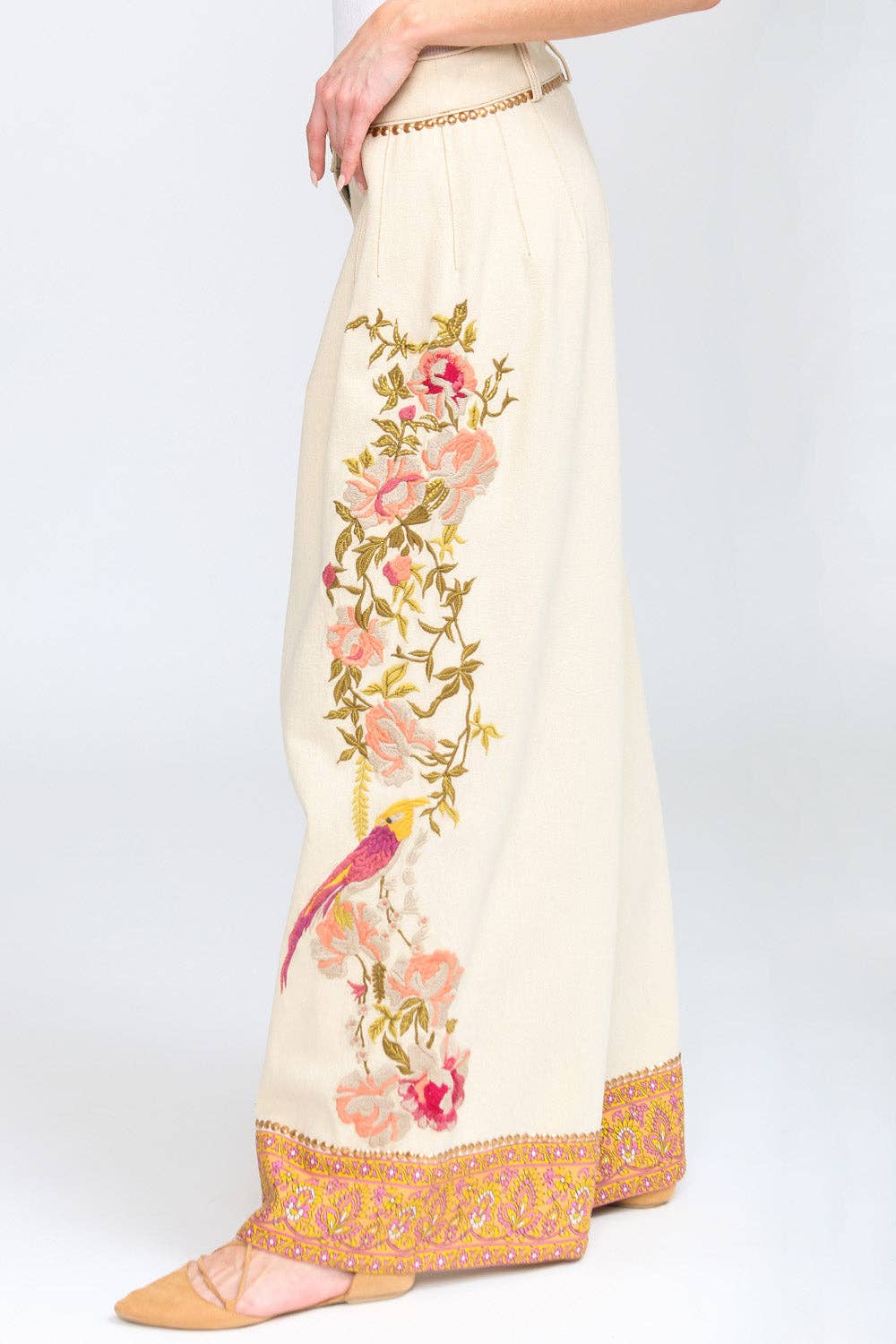 Time To Shine Denim Pants | Wide Leg Pants | Floral Pants: Cream / Small